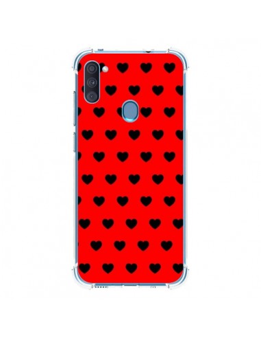 Coque Samsung Galaxy A11 et M11 Coeurs Noirs Fond Rouge - Laetitia