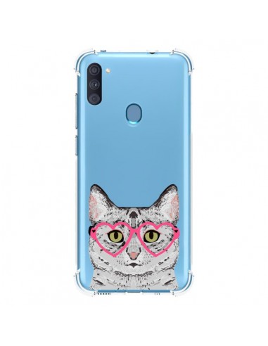 Coque Samsung Galaxy A11 et M11 Chat Gris Lunettes Coeurs Transparente - Pet Friendly