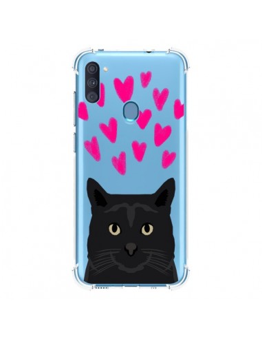 Coque Samsung Galaxy A11 et M11 Chat Noir Coeurs Transparente - Pet Friendly