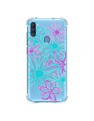 Coque Samsung Galaxy A11 et M11 Turquoise and Purple Flowers Fleurs Violettes Transparente - Sylvia Cook