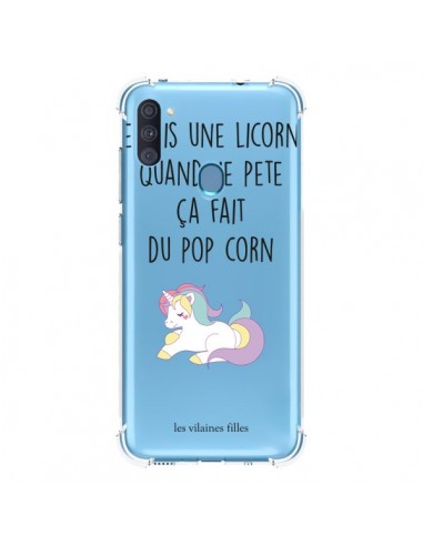 Coque Samsung Galaxy A11 et M11 Je suis une licorne, quand je pète ça fait du pop corn Transparente - Les Vilaines Filles