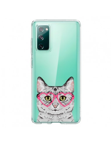 Coque Samsung Galaxy S20 Chat Gris Lunettes Coeurs Transparente - Pet Friendly