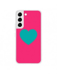 Coque Samsung Galaxy S22 5G Coeur Bleu Fond Rose - Laetitia