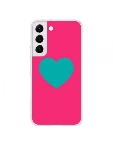 Coque Samsung Galaxy S22 5G Coeur Bleu Fond Rose - Laetitia