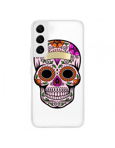 Coque Samsung Galaxy S22 5G Tête de Mort Mexicaine Noir Rose Transparente - Laetitia