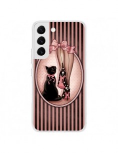 Coque Samsung Galaxy S22 5G Lady Chat Noeud Papillon Pois...