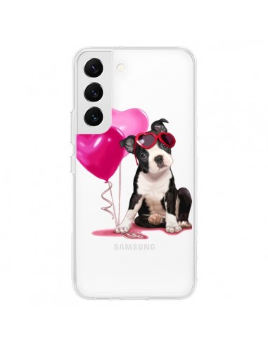 Coque Samsung Galaxy S22 5G Chien Dog Ballon Lunettes Coeur Rose Transparente - Maryline Cazenave