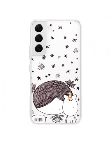 Coque Samsung Galaxy S22 5G Petite Fille et Licorne I Believe Transparente - Nico
