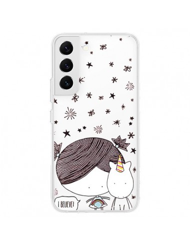 Coque Samsung Galaxy S22 5G Petite Fille et Licorne I Believe Transparente - Nico