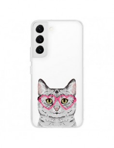 Coque Samsung Galaxy S22 5G Chat Gris Lunettes Coeurs...