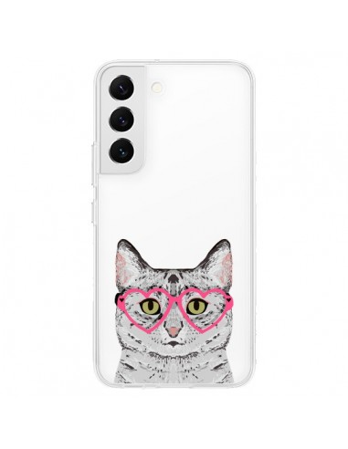 Coque Samsung Galaxy S22 5G Chat Gris Lunettes Coeurs Transparente - Pet Friendly