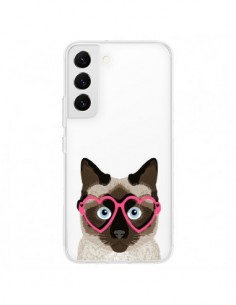 Coque Samsung Galaxy S22 5G Chat Marron Lunettes Coeurs...