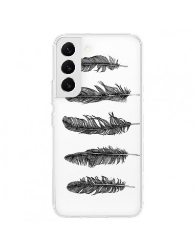 Coque Samsung Galaxy S22 5G Plume Feather Noir Transparente - Rachel Caldwell