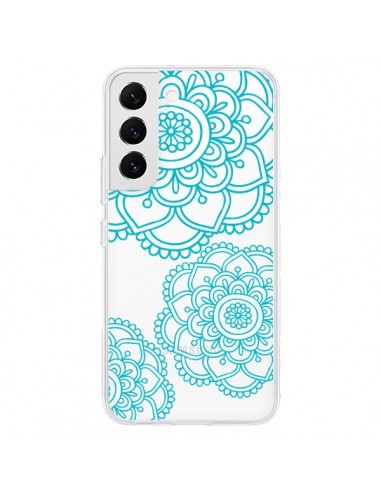 Coque Samsung Galaxy S22 5G Mandala Bleu Aqua Doodle Flower Transparente - Sylvia Cook