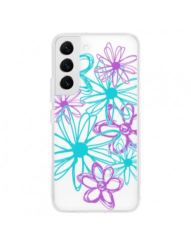 Coque Samsung Galaxy S22 5G Turquoise and Purple Flowers Fleurs Violettes Transparente - Sylvia Cook