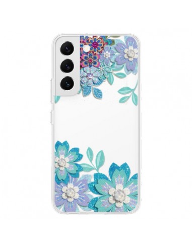 Coque Samsung Galaxy S22 5G Winter Flower Bleu, Fleurs d'Hiver Transparente - Sylvia Cook