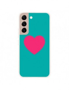Coque Samsung Galaxy S22 Plus 5G Coeur Rose Fond Bleu  -...