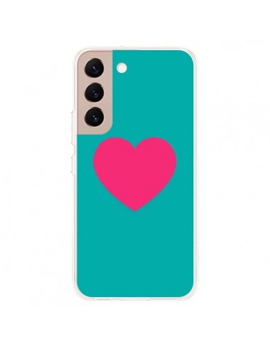 Coque Samsung Galaxy S22 Plus 5G Coeur Rose Fond Bleu  - Laetitia