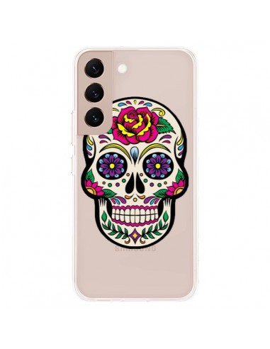 Coque Samsung Galaxy S22 Plus 5G Tête de Mort Mexicaine Fleurs Transparente - Laetitia