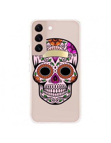 Coque Samsung Galaxy S22 Plus 5G Tête de Mort Mexicaine Noir Rose Transparente - Laetitia