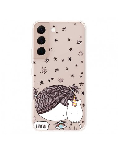 Coque Samsung Galaxy S22 Plus 5G Petite Fille et Licorne I Believe Transparente - Nico