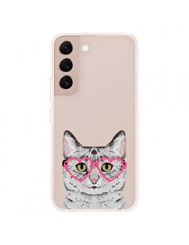 Coque Samsung Galaxy S22 Plus 5G Chat Gris Lunettes Coeurs Transparente - Pet Friendly