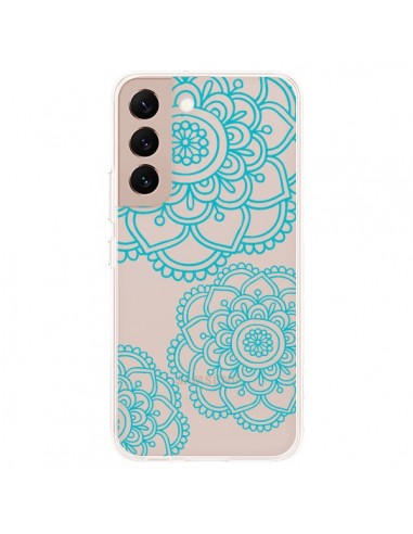 Coque Samsung Galaxy S22 Plus 5G Mandala Bleu Aqua Doodle Flower Transparente - Sylvia Cook