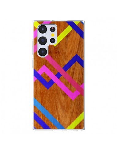 Coque Samsung Galaxy S22 Ultra 5G Pink Yellow Wooden Bois Azteque Aztec Tribal - Jenny Mhairi