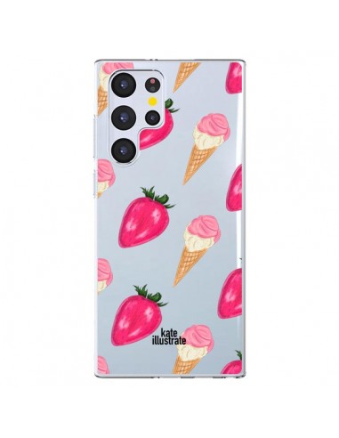 Coque Samsung Galaxy S22 Ultra 5G Strawberry Ice Cream Fraise Glace Transparente - kateillustrate