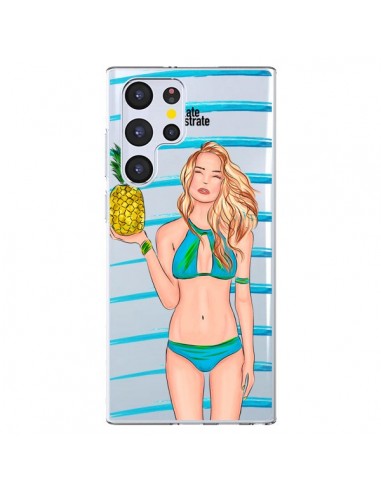 Coque Samsung Galaxy S22 Ultra 5G Malibu Ananas Plage Ete Bleu Transparente - kateillustrate