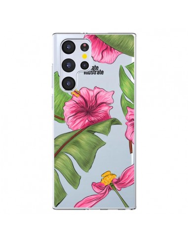 Coque Samsung Galaxy S22 Ultra 5G Tropical Leaves Fleurs Feuilles Transparente - kateillustrate