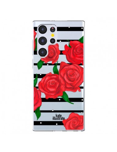 Coque Samsung Galaxy S22 Ultra 5G Red Roses Rouge Fleurs Flowers Transparente - kateillustrate