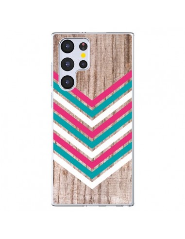 Coque Samsung Galaxy S22 Ultra 5G Tribal Aztèque Bois Wood Flèche Rose Bleu - Laetitia