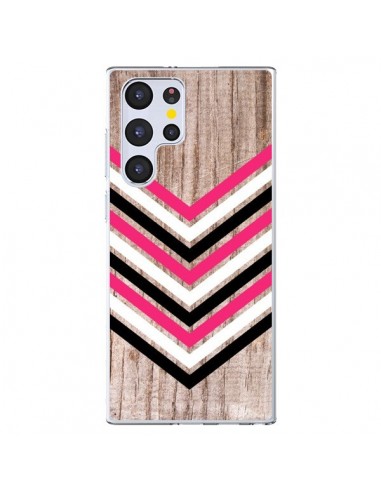 Coque Samsung Galaxy S22 Ultra 5G Tribal Aztèque Bois Wood Flèche Rose Blanc Noir - Laetitia