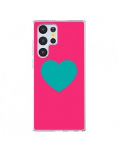 Coque Samsung Galaxy S22 Ultra 5G Coeur Bleu Fond Rose -...
