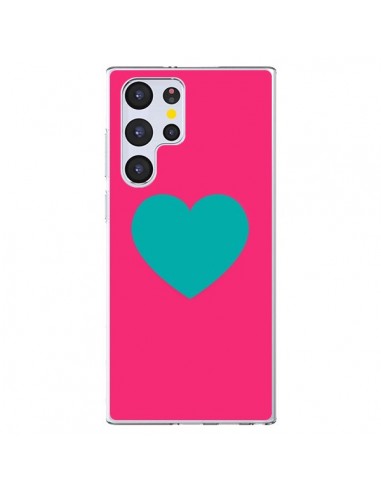 Coque Samsung Galaxy S22 Ultra 5G Coeur Bleu Fond Rose - Laetitia