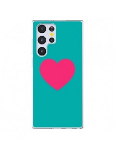 Coque Samsung Galaxy S22 Ultra 5G Coeur Rose Fond Bleu  -...