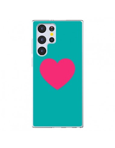 Coque Samsung Galaxy S22 Ultra 5G Coeur Rose Fond Bleu  - Laetitia