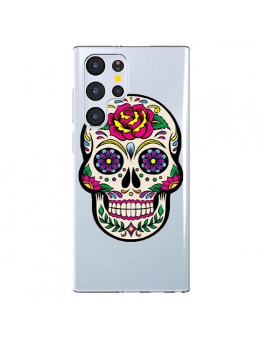 Coque Samsung Galaxy S22 Ultra 5G Tête de Mort Mexicaine Fleurs Transparente - Laetitia