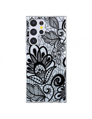 Coque Samsung Galaxy S22 Ultra 5G Lace Fleur Flower Noir Transparente - Petit Griffin