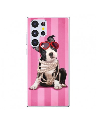 Coque Samsung Galaxy S22 Ultra 5G Chien Dog Fashion Collier Perles Lunettes Coeur - Maryline Cazenave