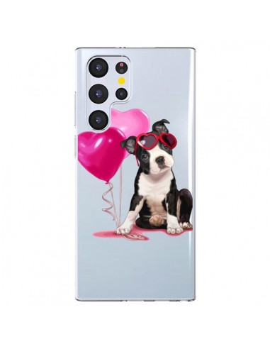 Coque Samsung Galaxy S22 Ultra 5G Chien Dog Ballon Lunettes Coeur Rose Transparente - Maryline Cazenave