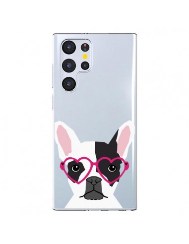 Coque Samsung Galaxy S22 Ultra 5G Bulldog Français Lunettes Coeurs Chien Transparente - Pet Friendly