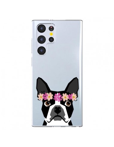 Coque Samsung Galaxy S22 Ultra 5G Boston Terrier Fleurs Chien Transparente - Pet Friendly