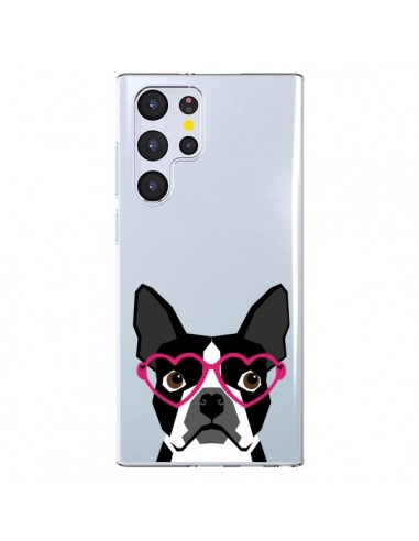 Coque Samsung Galaxy S22 Ultra 5G Boston Terrier Lunettes Coeurs Chien Transparente - Pet Friendly
