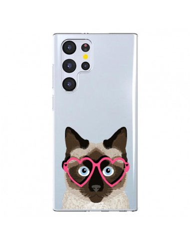 Coque Samsung Galaxy S22 Ultra 5G Chat Marron Lunettes Coeurs Transparente - Pet Friendly
