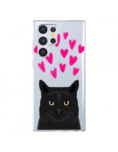 Coque Samsung Galaxy S22 Ultra 5G Chat Noir Coeurs Transparente - Pet Friendly