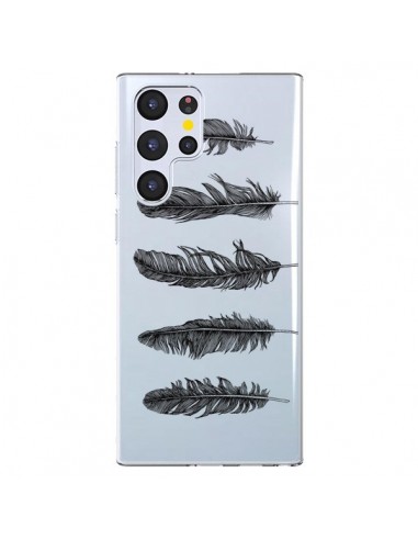 Coque Samsung Galaxy S22 Ultra 5G Plume Feather Noir Transparente - Rachel Caldwell