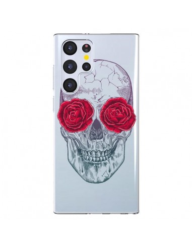 Coque Samsung Galaxy S22 Ultra 5G Tête de Mort Rose Fleurs Transparente - Rachel Caldwell