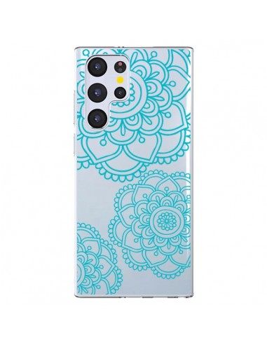 Coque Samsung Galaxy S22 Ultra 5G Mandala Bleu Aqua Doodle Flower Transparente - Sylvia Cook